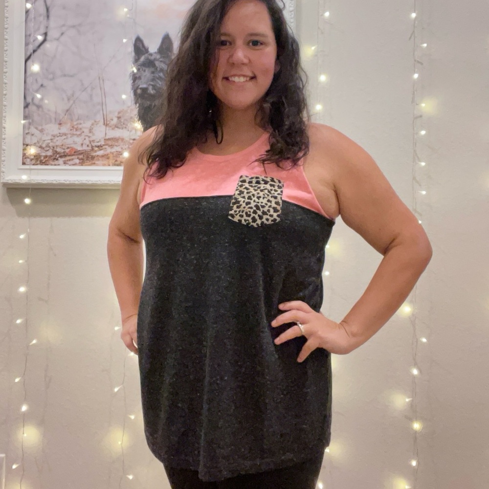 Pink and Black Sleeveless Tank Top w/ Cheetah Print Pocket